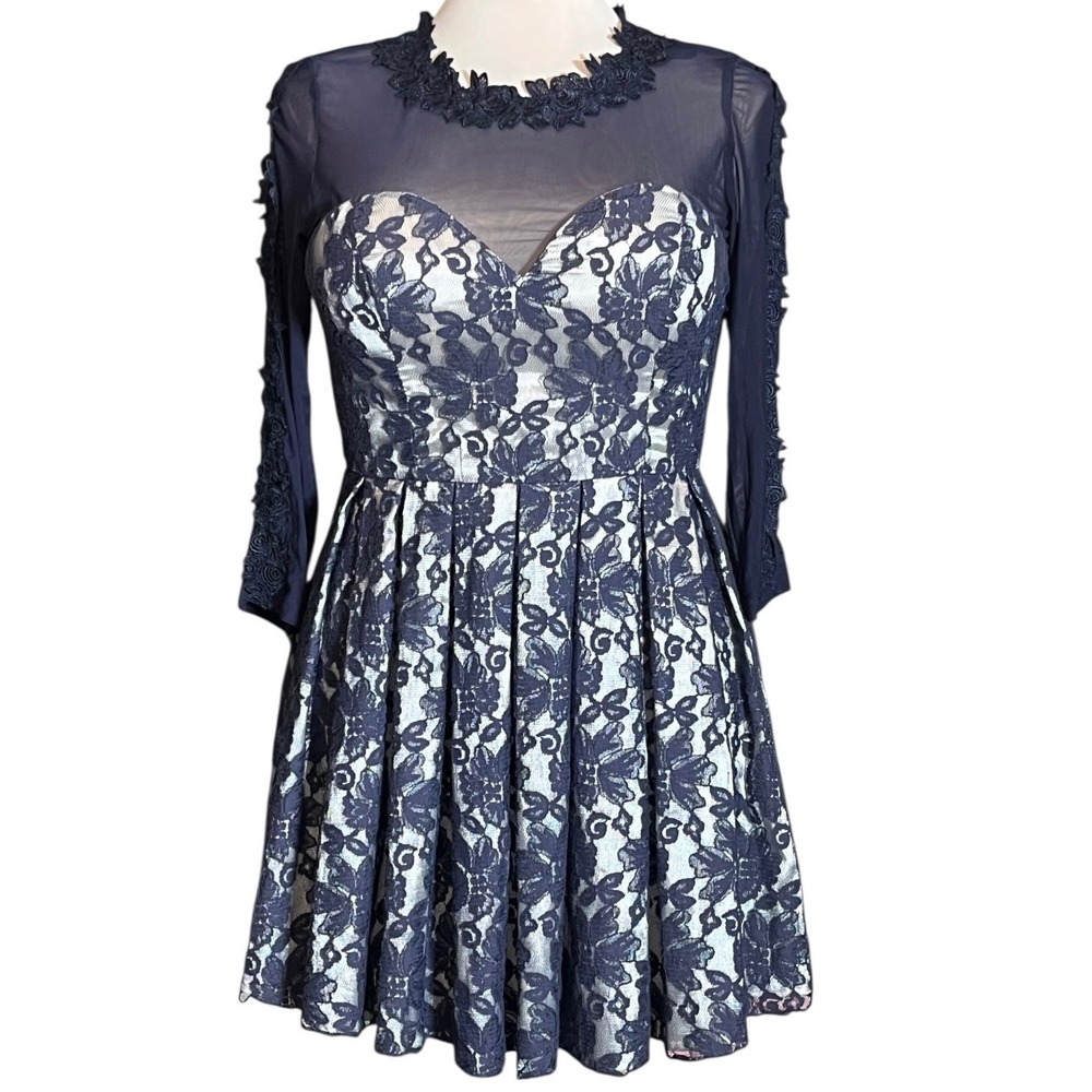 Chi Chi London Navy Lace Illusion Neck Long Sleeve Pleated Fit‎ Flare Dress